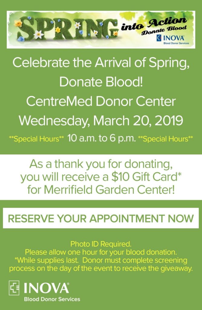 Donate Blood at CentreMed 3/20/19 Merrifield Garden Center Gift Card