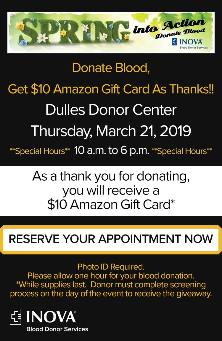 Donate Blood at Dulles 3/21/19 Amazon Gift Card* Giveaway