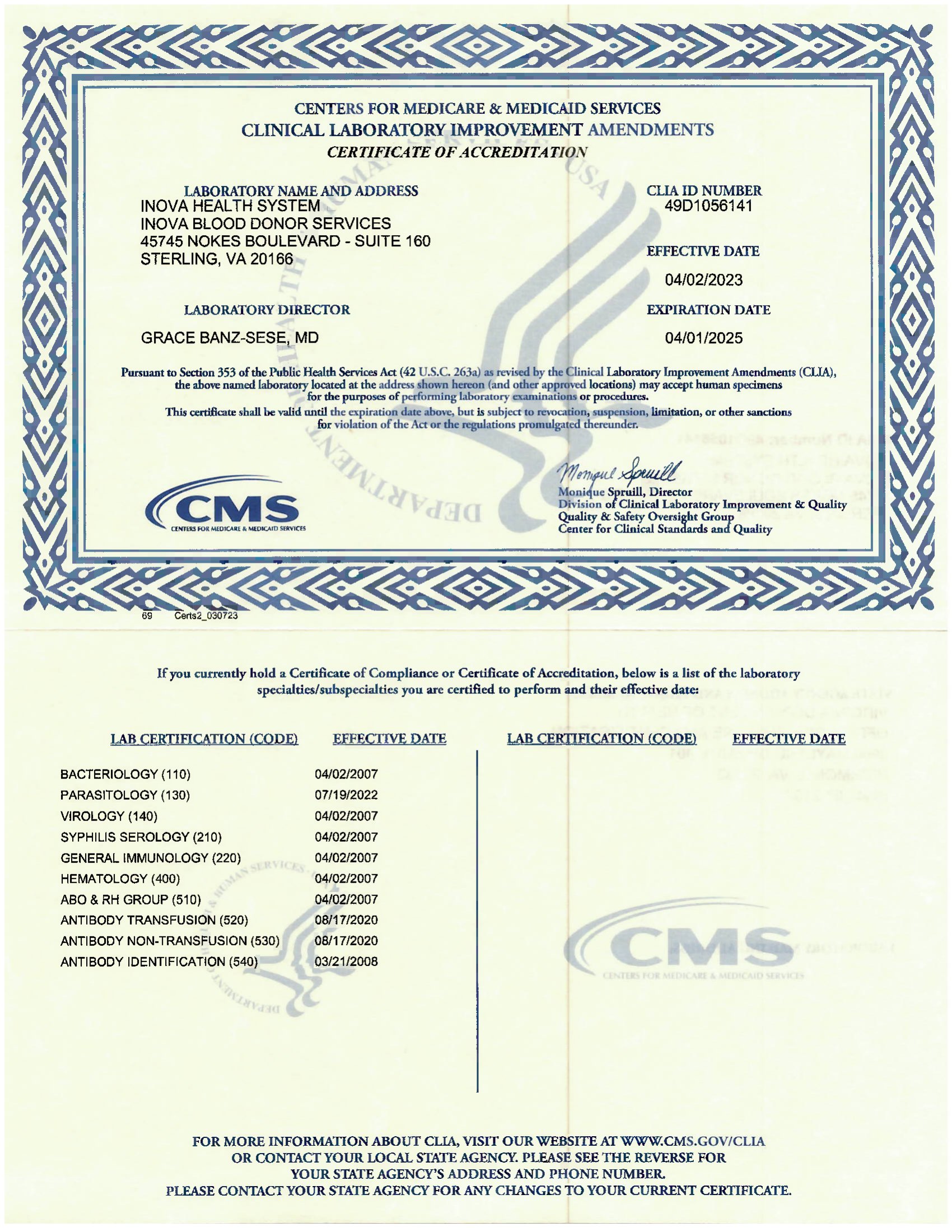 DTC CLIA Exp 4.2025 Inova Blood Donor Services